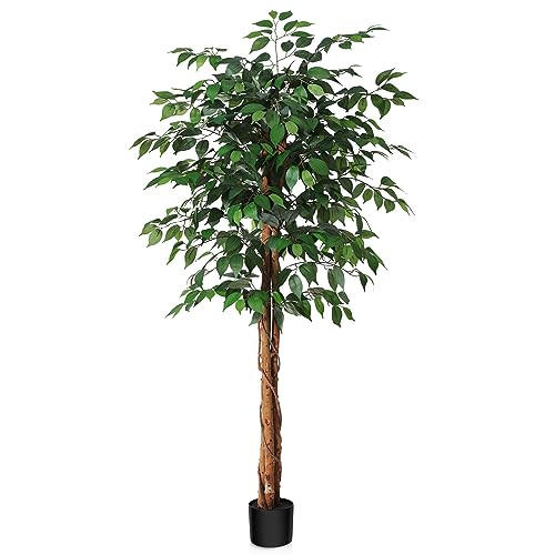 SOGUYI 5ft Artificial Ficus Tree with Natural Wood Trunk, Silk Fake Ficus Tree in Plastic Nursery Pot, Faux Plant for Office Home, Indoor Outdoor Decor, 1 Pack | Amazon (US)
