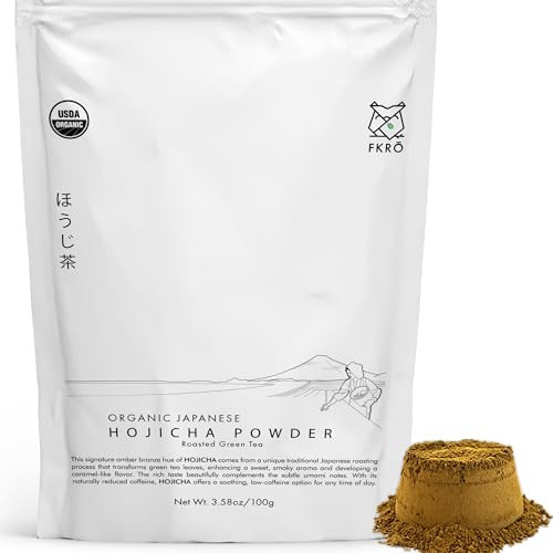 FKRO Organic Hojicha Powder (100g/3.5oz) | Stone-Milled Japanese Roasted Green Tea Latte Powder | Low Caffeine, Smooth Nutty Flavor | Monthly Fresh from Japan | Amazon (US)