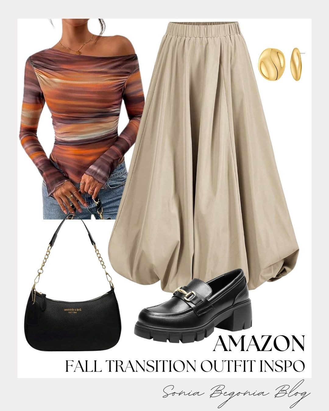 This outfit is giving all the fall vibes! This off-the-shoulder top with beautiful autumn hues is the perfect statement piece. I've paired it with a unique khaki bubble skirt for a feminine yet modern look. ✨

I love a touch of gold to elevate any outfit. With classic loafers and a black handbag, this look is ready for brunch or date night. 🫶

#LTKstyletip #AmazonFashion #OOTD #FallTransition #AutumnStyle #Skirts #AmazonFinds #Loafers #DateNightOutfit

#LTKootd #LTKSeasonal