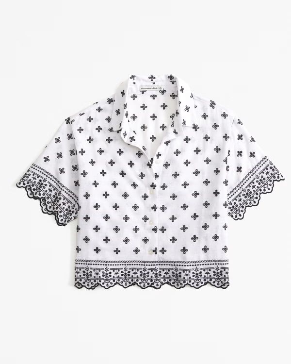 Short-Sleeve Linen-Blend Embroidered Shirt | Abercrombie & Fitch (US)