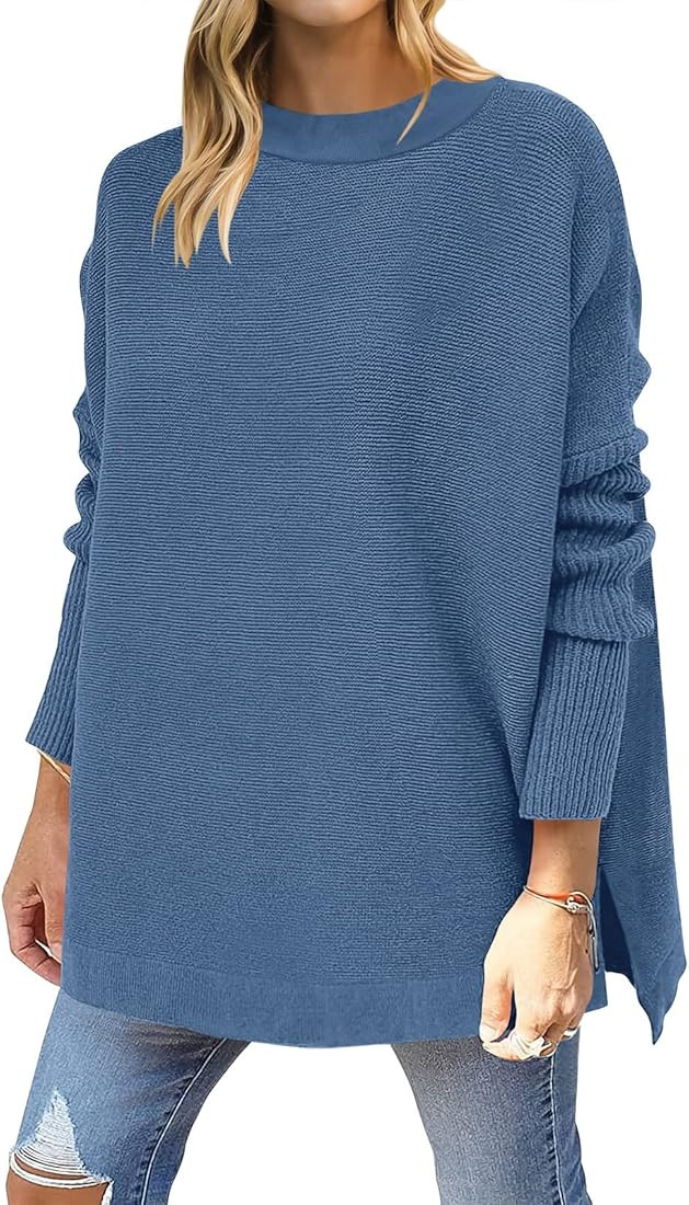 ANRABESS Women 2024 Casual Oversized Long Batwing Sleeve Crewneck Spilt High Low Knit Tunic Pullo... | Amazon (US)