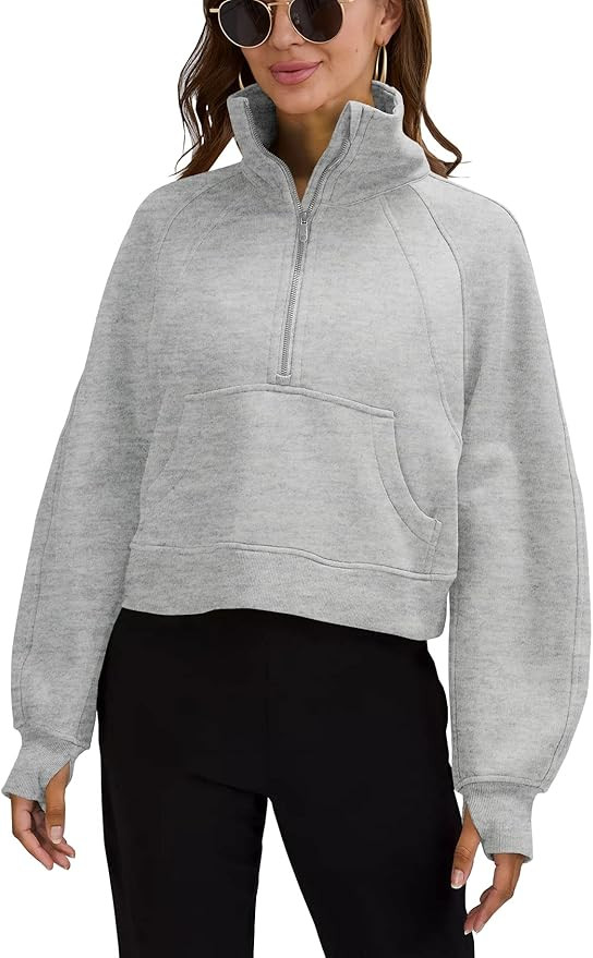 Womens Sweatshirts Half Zipper Crop Pullover Funnel Neck Fleece Lined Zip Up Long Sleeve Tops Thu... | Amazon (US)