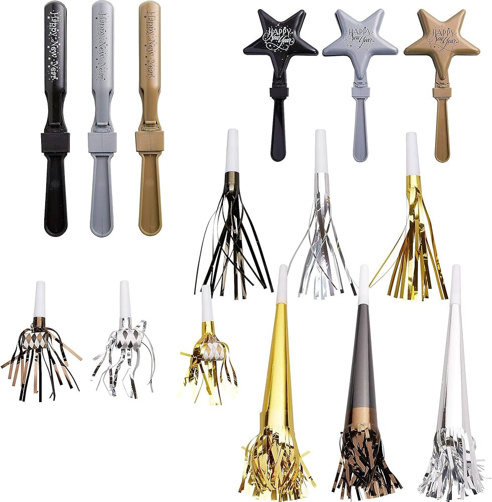 Happy New Year Noisemakers (40 Pieces) - Vibrant Black, Silver, Gold Foil & Plastic Party Blowers... | Amazon (US)