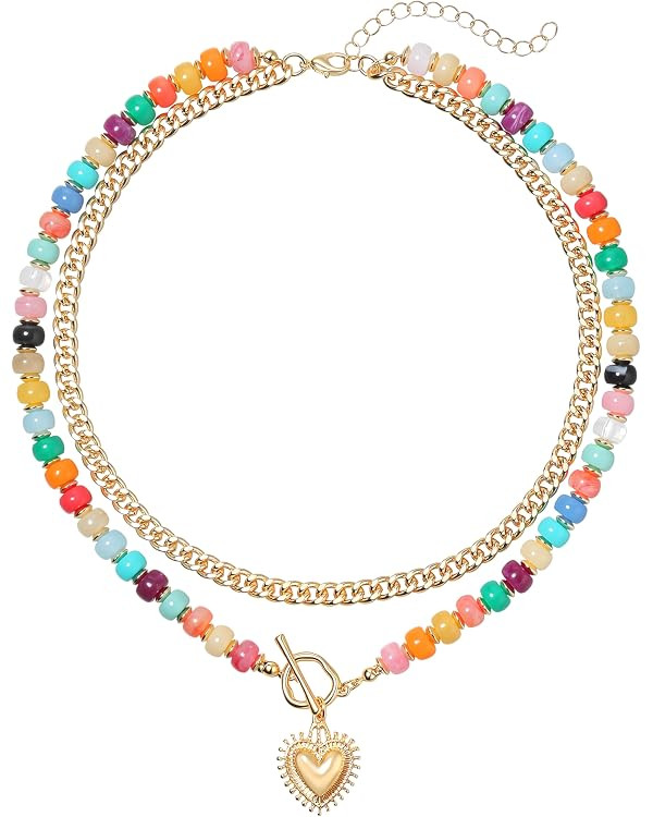 Layered Necklaces for Women, 14K Gold Plated Heart Pendant & Colorful Acrylic Beaded Choker, Cute... | Amazon (US)