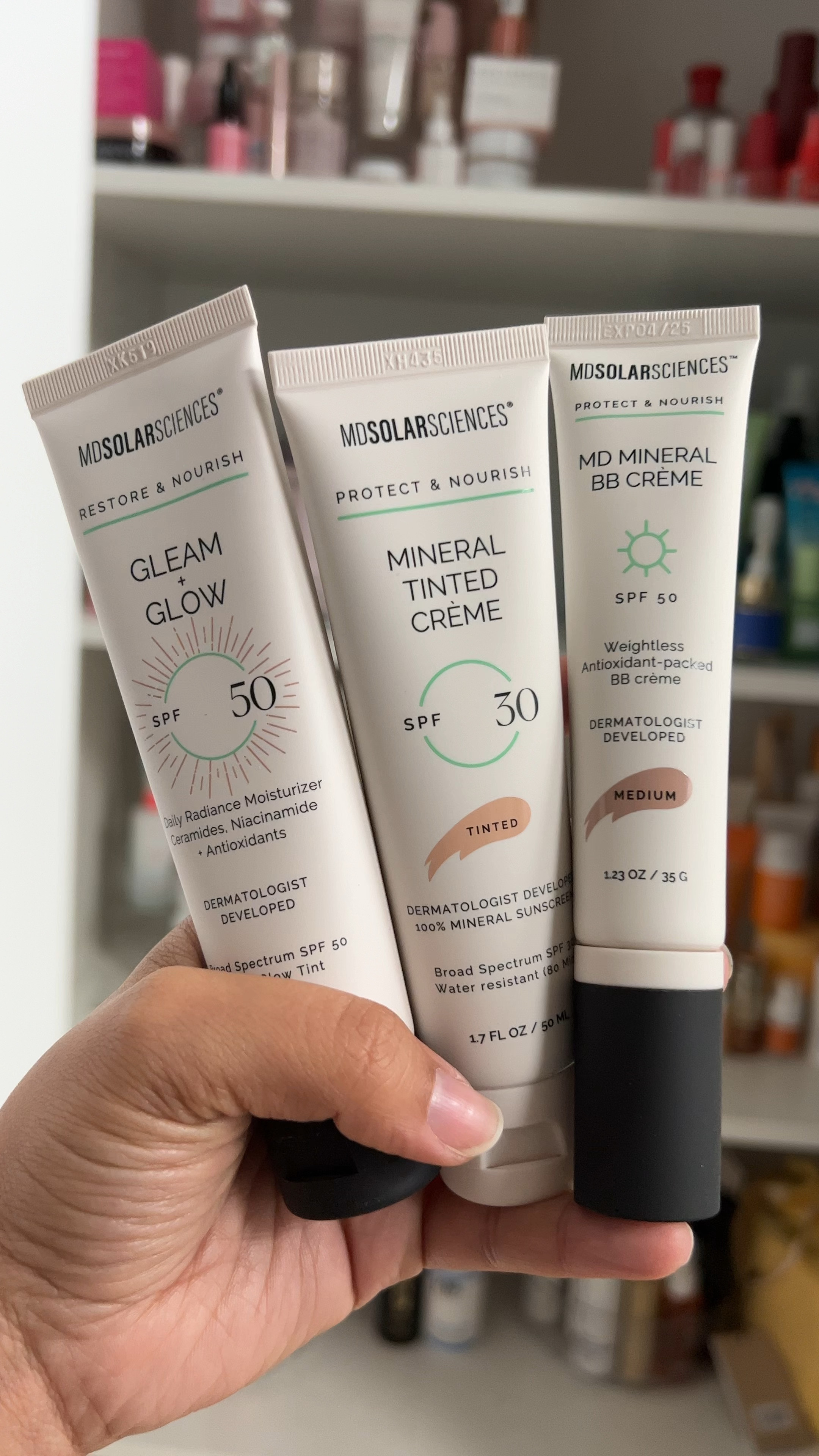 I chose the BB in medium for my full face look in place of foundation!

In order of coverage, the most sheer is the Gleam & Glow, then the Mineral Tinted Cream, and then the BB cream (shade medium!)