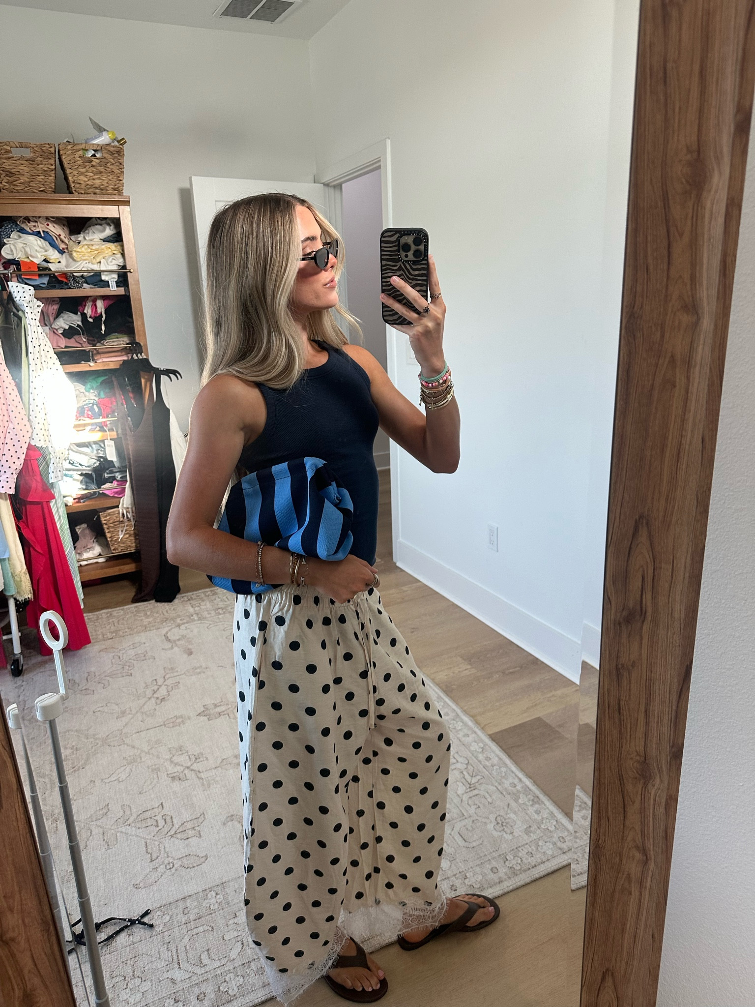 Amazon size small Athlisan Womens Polka Dot Wide Leg Palazzo Pants High Waisted Summer Lace Trim Cropped Baggy Trousers with Pockets. My tank top is @nuuds  my sunglasses are Otraeyewear and my bag is walmart.

#LTKootd #LTKdayinmylife #LTKSeasonal