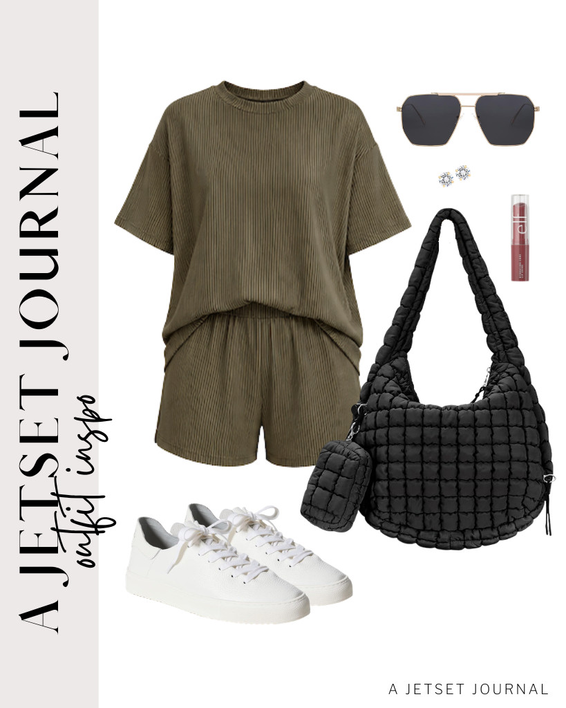 A jungle-green 2-piece shorts set perfectly matches Sam Edelman sneakers and a GASSDA puffer tote bag. You can complete this chic look with SOJOS sunnies and stud earrings from PAVOI.

#LTKSeasonal #LTKSaleAlert #LTKTravel
 

 
