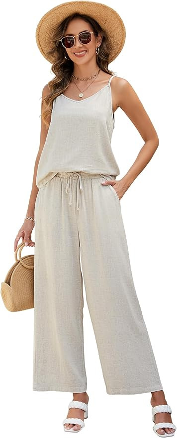 Womens 2 Piece Linen Lounge Set Summer Casual V Neck Tank Top Matching Wide Leg Pants Set Beach T... | Amazon (US)