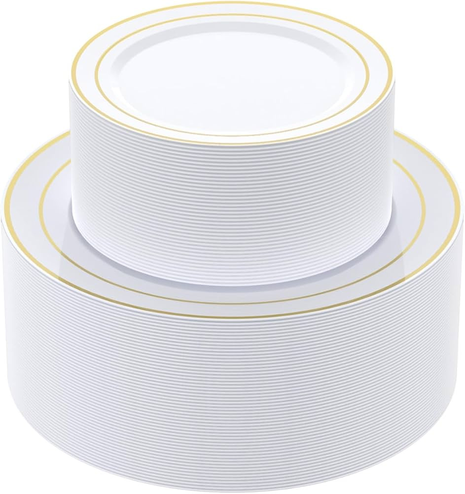 JOLLY CHEF 102 Count Gold Disposable Plastic Plates, Heavyweight Disposable Wedding Plates Set Wh... | Amazon (US)