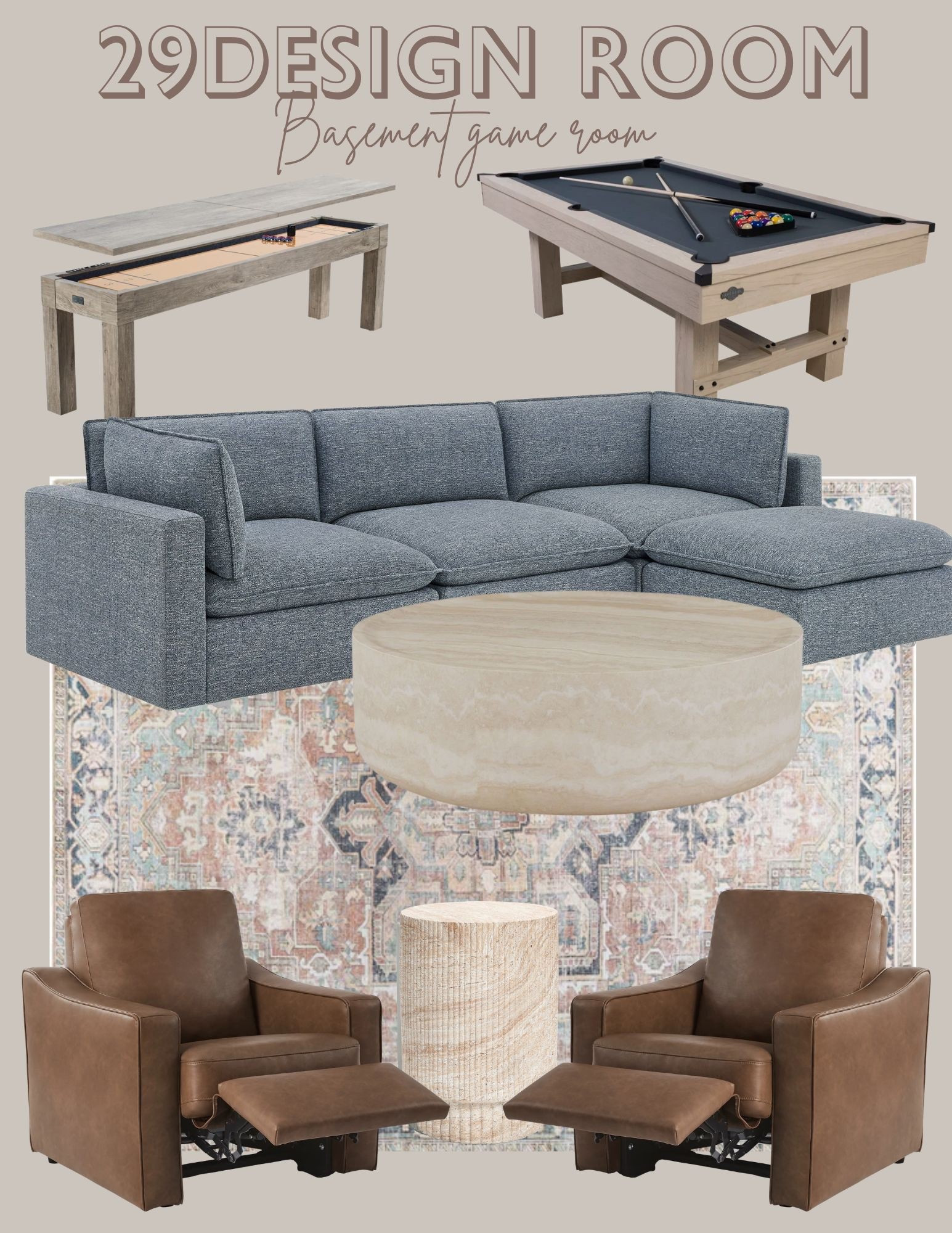 Basement game room design. Blue family room. Blue sofa 
Blue sectional 
Leather recliners 
Pool table
Billiards table
Navy billiards table 
Shuffleboard table 