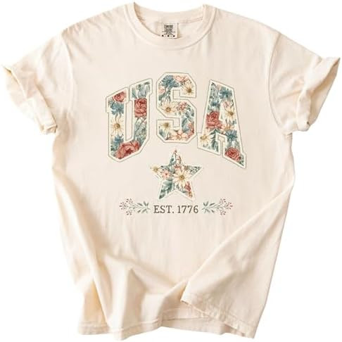 Floral Patriotic Garment-Dyed T-Shirt Vintage - Style 1776 Independence Day Shirt | Amazon (US)