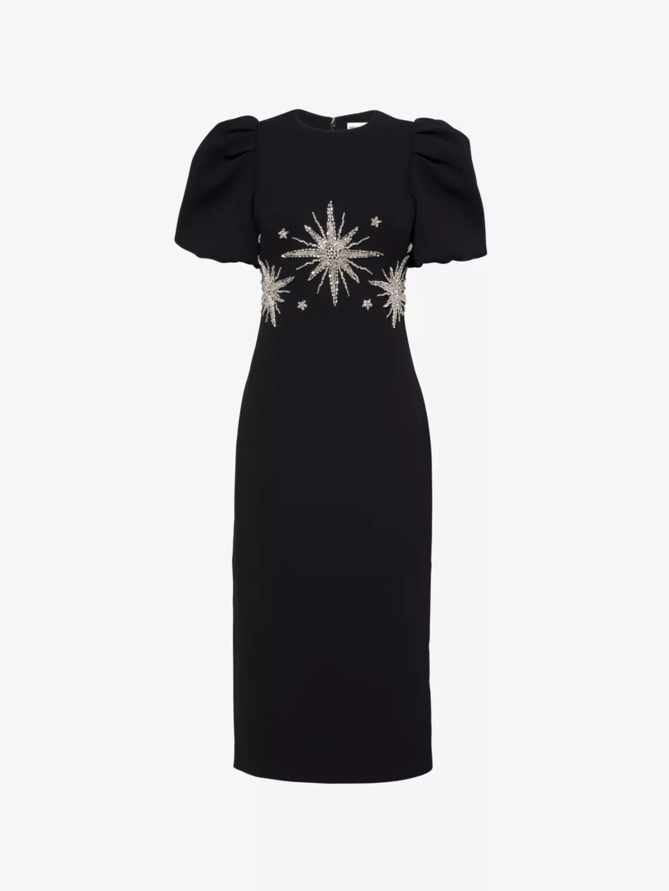 Estella puffed-short-sleeves stretch-woven midi dress | Selfridges