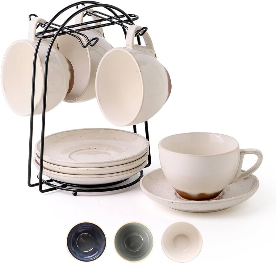 SIDUCAL Ceramic 8 oz Cappuccino Cup Set of 4,Porcelain Coffee Cups with Saucers and Metal Stand,M... | Amazon (US)