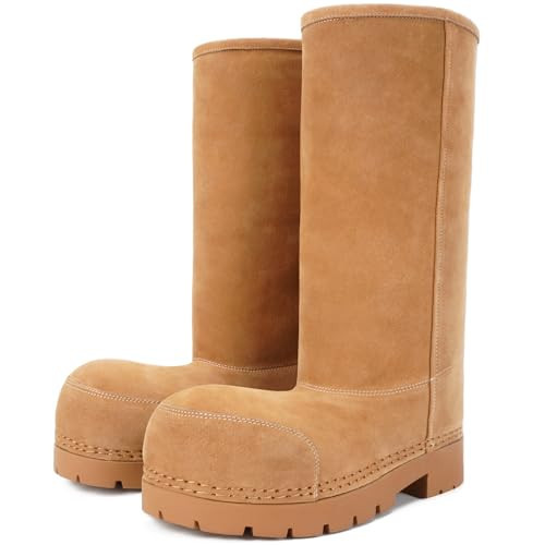 LACIKOSZ Faux Suede Platform Fuzzy Snow Boots Round Toe Hippy Winter Boots Slip On Knee High Chunky Heel Fur Tall Boots for Women | Amazon (US)