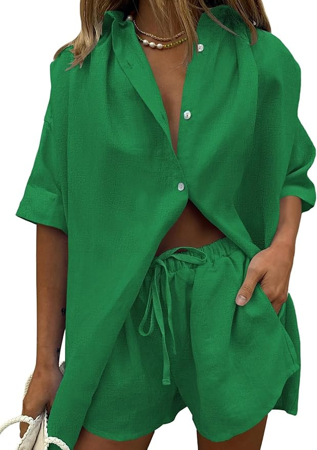 Fixmatti Women 2 Piece Outfits Long Sleeve Button Down Blouse and Shorts Sweatsuit Sets | Amazon (US)