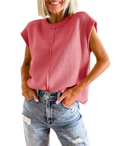 Saodimallsu Womens Tank Tops Summer Causal Loose Fit Cap Sleeve Crew Neck Knit Lightweight Sweater Pullover Top Watermelon Red | Amazon (US)