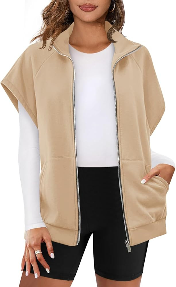 Fisoew Womens Oversized Zip Up Sweatshirts Warm Fleece Vests Fall Casual Sleeveless Jackets with ... | Amazon (US)
