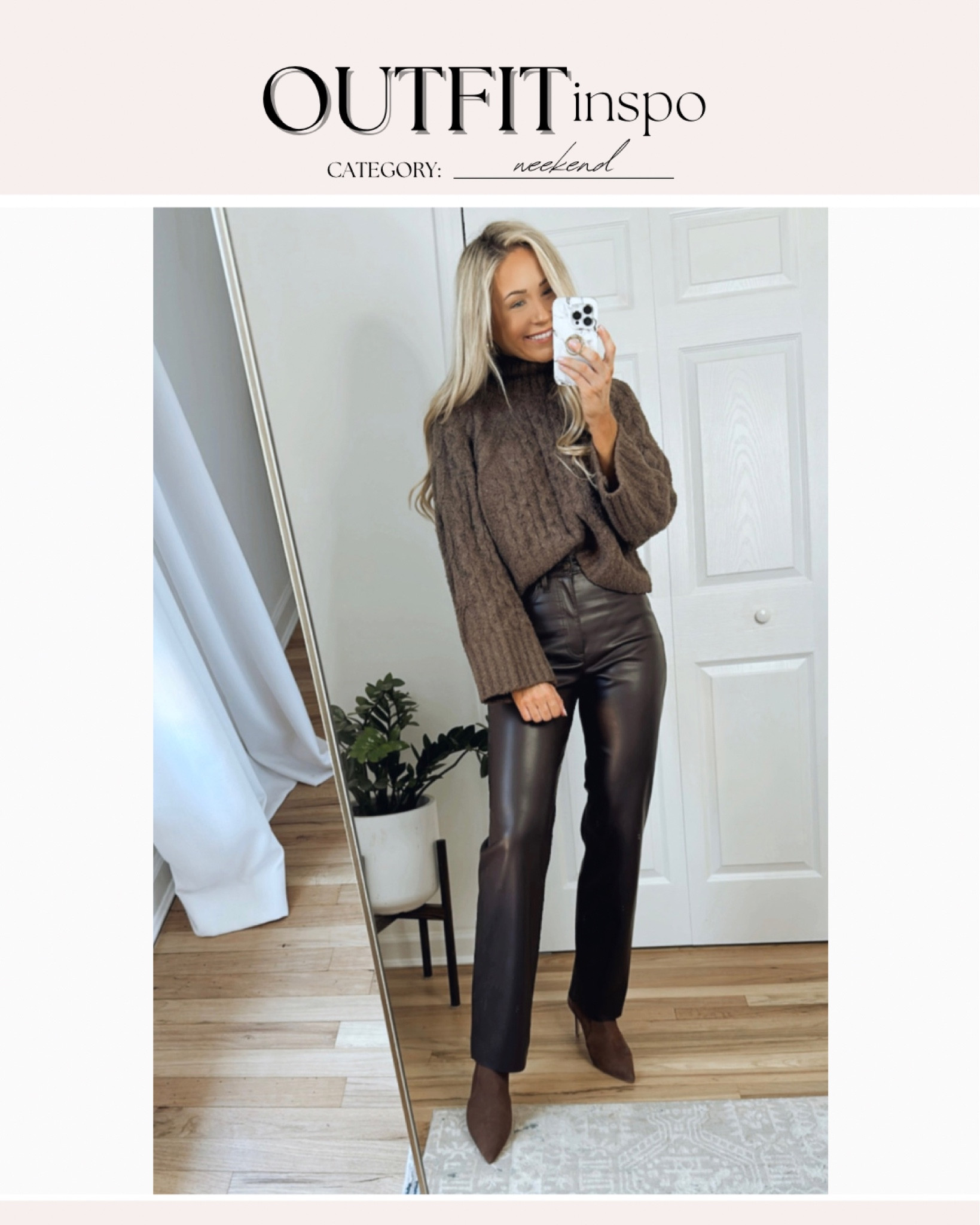 Weekend outfit 
Brown faux leather pants outfit
Chic style 
Winter date night outfit 