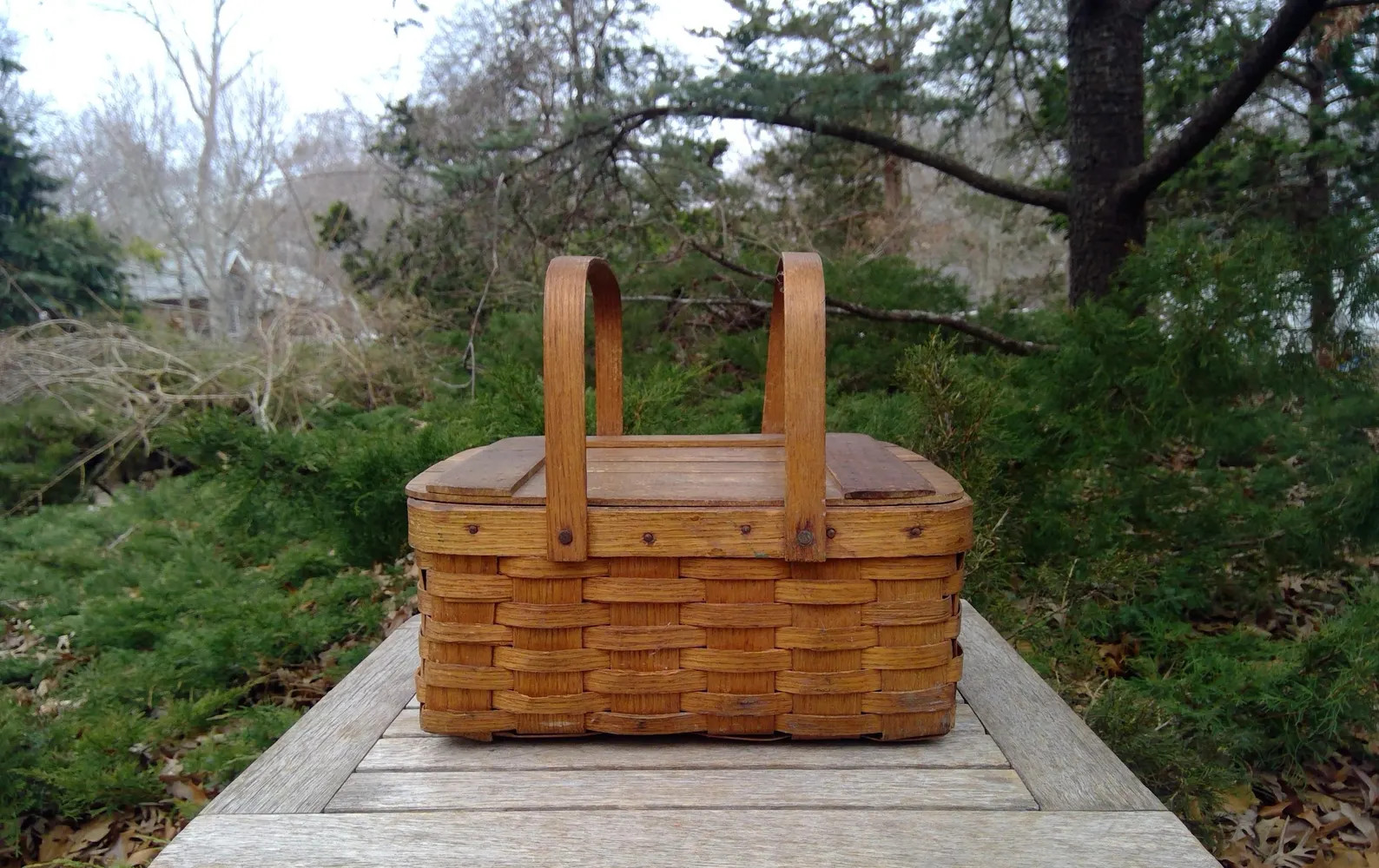 Antique Rare SMALL Splint Wood BASKET PICNIC Basket With Wood Lid Bentwood Handle Rustic HandWove... | Etsy (Global)
