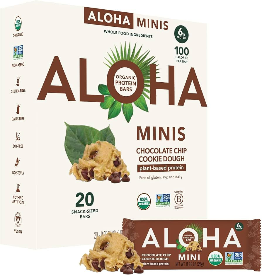 ALOHA Organic Plant Based Protein Bar MINIS |Chocolate Chip Cookie Dough| 20 Count, 24g Bars | Vegan, Low Sugar, Gluten Free, Paleo, Low Carb, Non-GMO, Stevia Free, Soy Free, No Sugar Alcohols | Amazon (US)