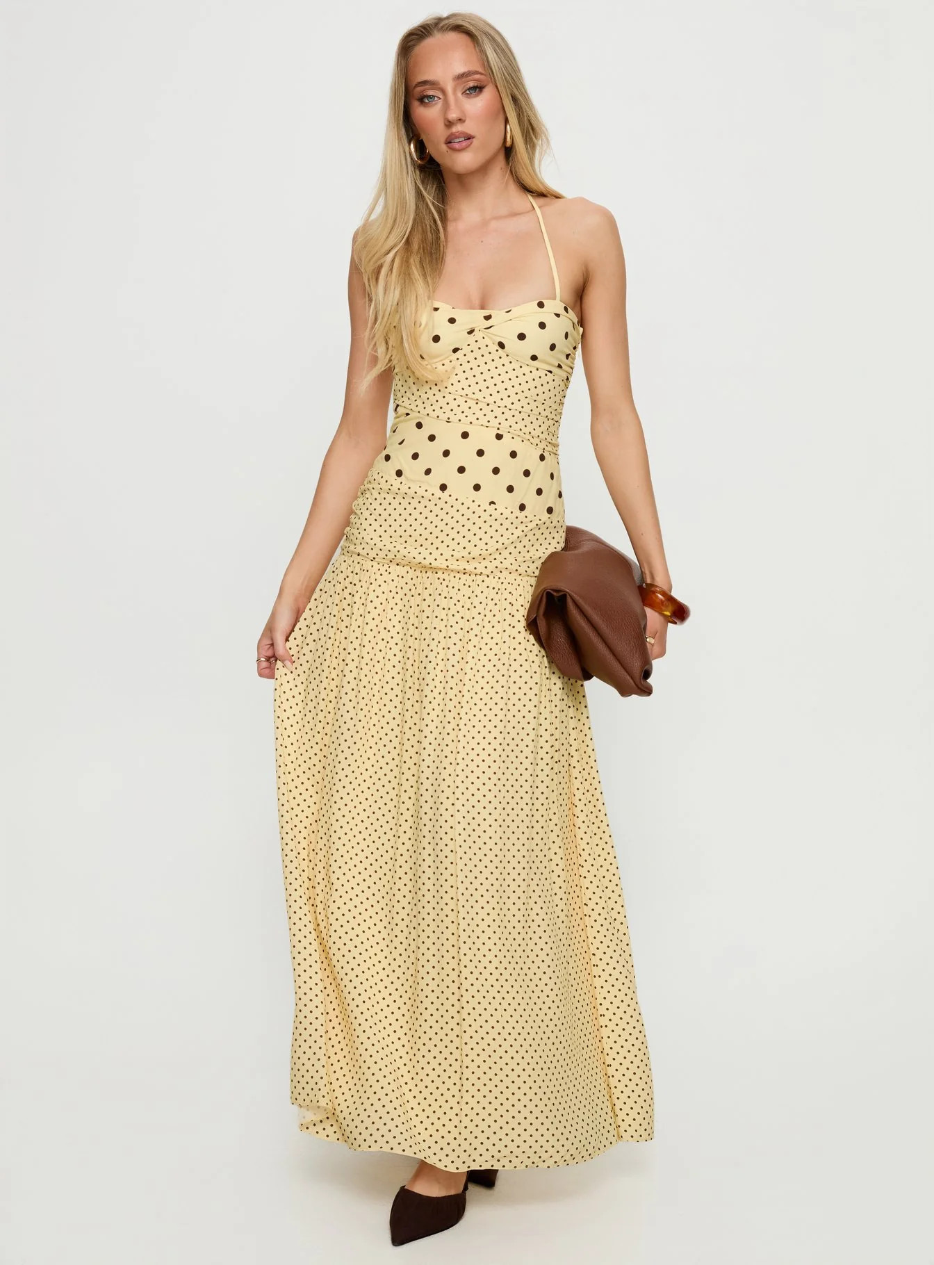 Marguerite Halter Maxi Dress Lemon / Brown Polka Dot | Princess Polly US
