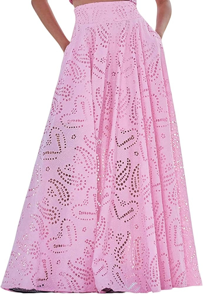 Women Fall Long Maxi Eyelet Embroidered Party Club Pleated Cute Ladies Skirt | Amazon (US)