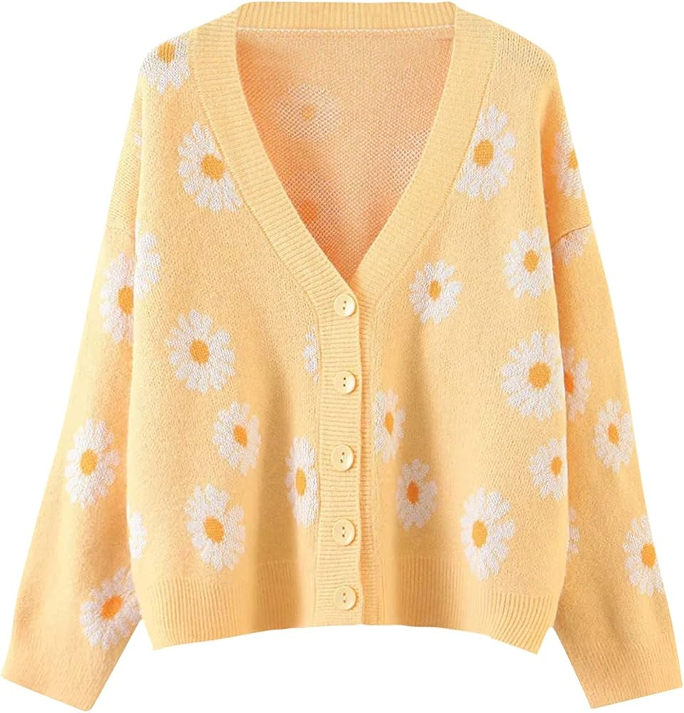 Womens Y2K Long Sleeve Loose Cardigan Sweater V Neck Knitted Cardigan Buttons Sweaters Tops | Amazon (US)