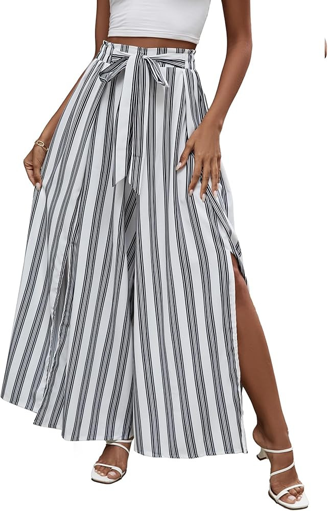 LYANER Women's Tie Front High Waist Side Split Slit Flowy Wide Leg Pleated Pant with Belt | Amazon (US)