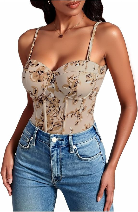 Women's Floral Print Corset Bodysuit Sweetheart Neck Sleeveless Boned Going Out Leotard Tops | Amazon (US)