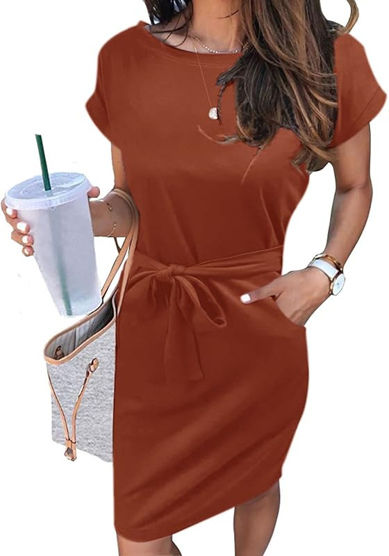 MEROKEETY Women's Summer Striped Short Sleeve T Shirt Dress Casual Tie Waist with Pockets | Amazon (US)