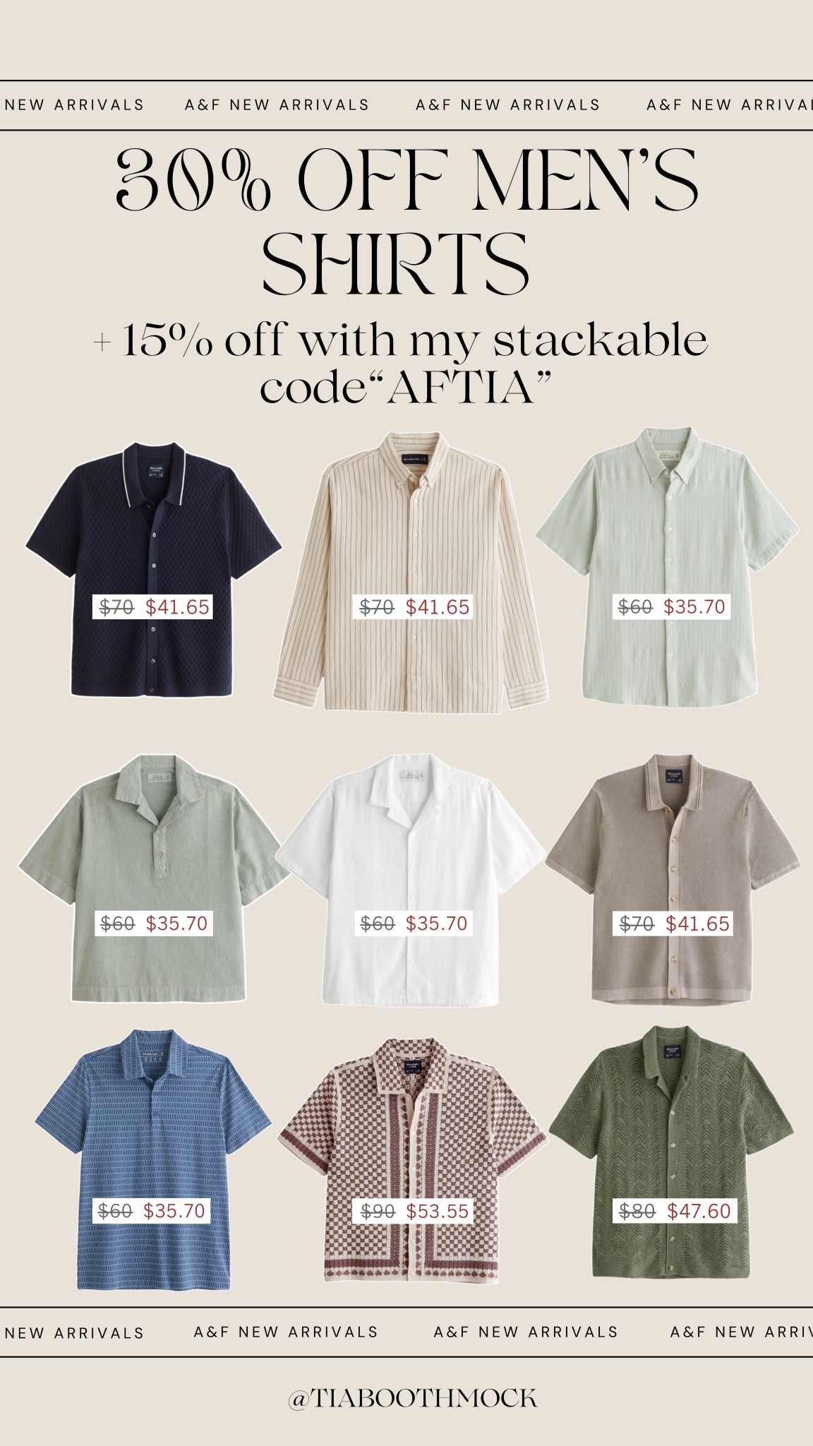 Abercrombie men’s shirts are 30% off + my code “AFTIA” stacks for an additional 15% off at checkout!! 

#LTKMens #LTKStyleTip #LTKSaleAlert