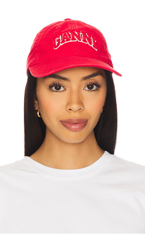 Ganni Washed Cotton Canvas Embroidered Cap in Red. | Revolve Clothing (Global)