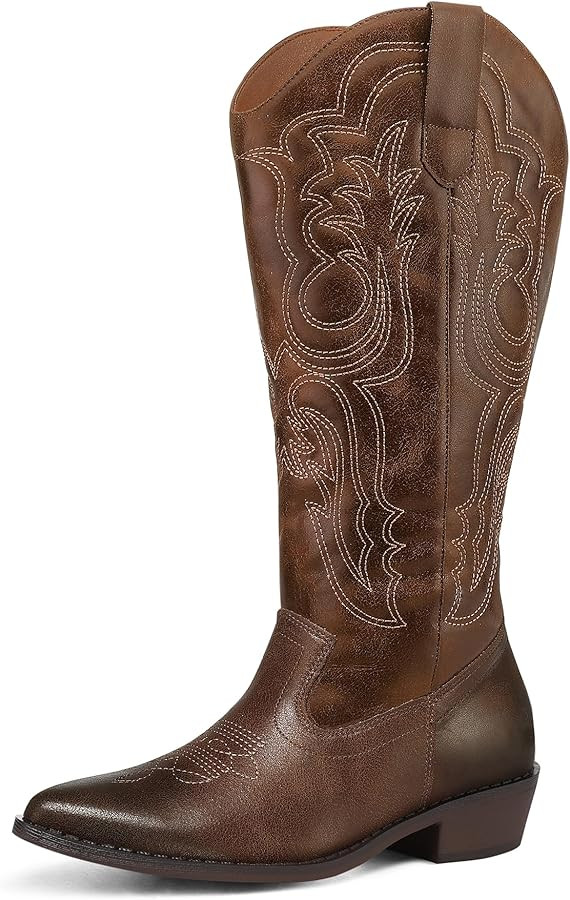 mysoft Women's Wide Calf Cowboy Boots Pull on Cowgirl Embroidered Mid Calf Pointed Toe Chunky Hee... | Amazon (US)