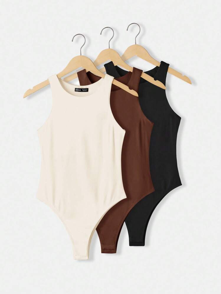 SHEIN BASICS 3 Pièces/Set Body Moulant En Tricot À Col Rond Sans Manches De Couleur Unie Décontracté Pour Femmes | SHEIN