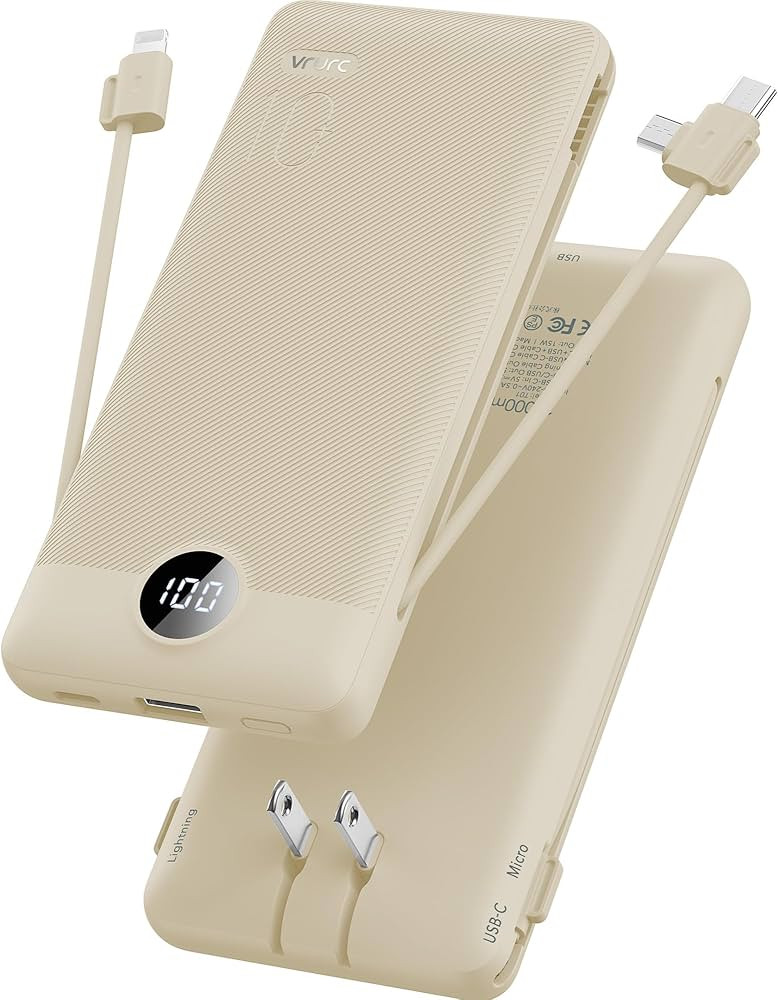 VRURC Portable Charger Built-in Cables and AC Wall Plug, USB C Power Bank 10000mAh, Portable Phon... | Amazon (US)