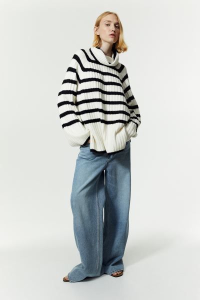 Rib-knit Turtleneck Sweater - Dark beige/striped - Ladies | H&M US | H&M (US + CA)