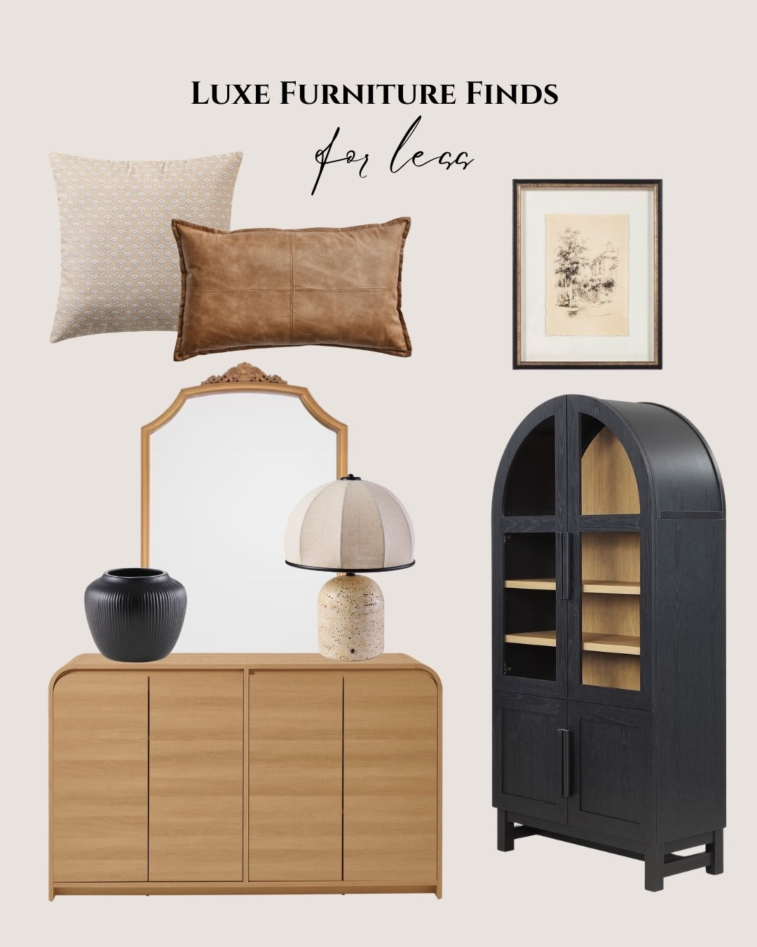 Walmart luxe furniture finds for less: cream pillow, brown pillow, black framed wall art, gold tall mirror, black vase, cream modern table lamp, natural wood cabinet, black tall cabinet.

#LTKHome #LTKSaleAlert