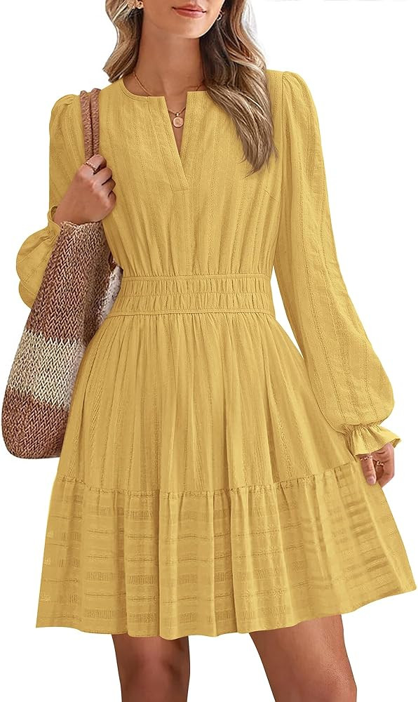 BTFBM Mini Dresses for Women 2025 Casual Lightweight Long Sleeve V Neck A Line Elastic Waist Part... | Amazon (US)