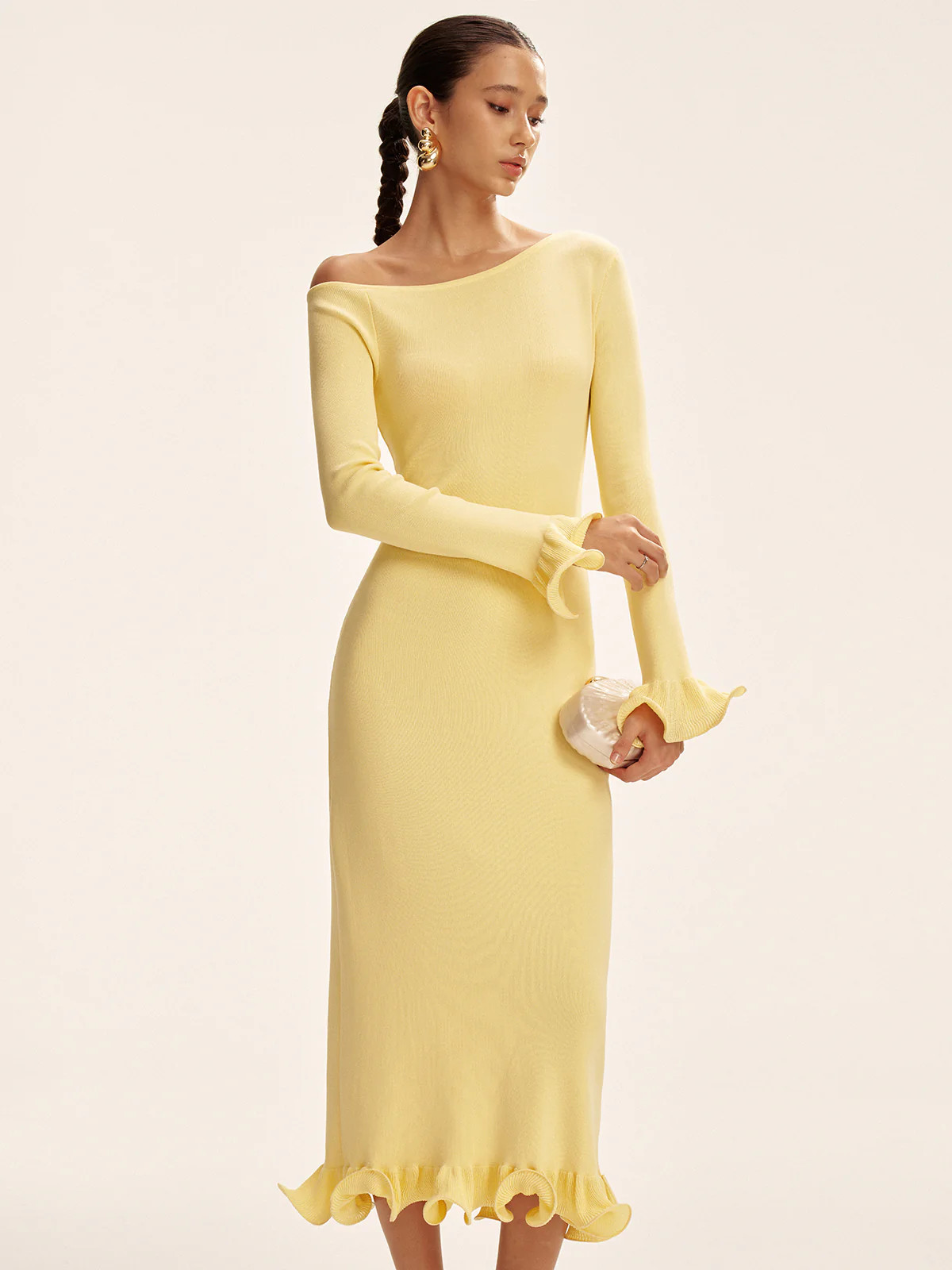 Off-Shoulder Ruffle Hem Sweater Dress | Commense