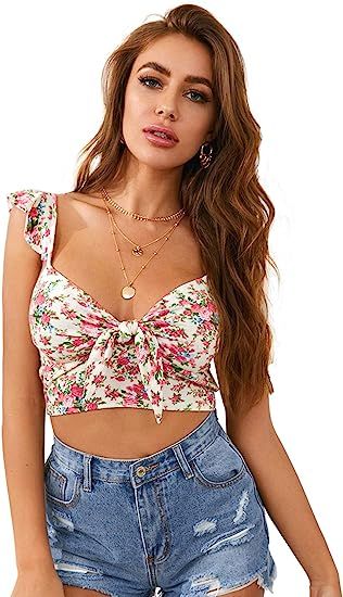 SheIn Women's Floral Cami Crop Top Ruffle Strap Tie Front Cute Camisole | Amazon (US)