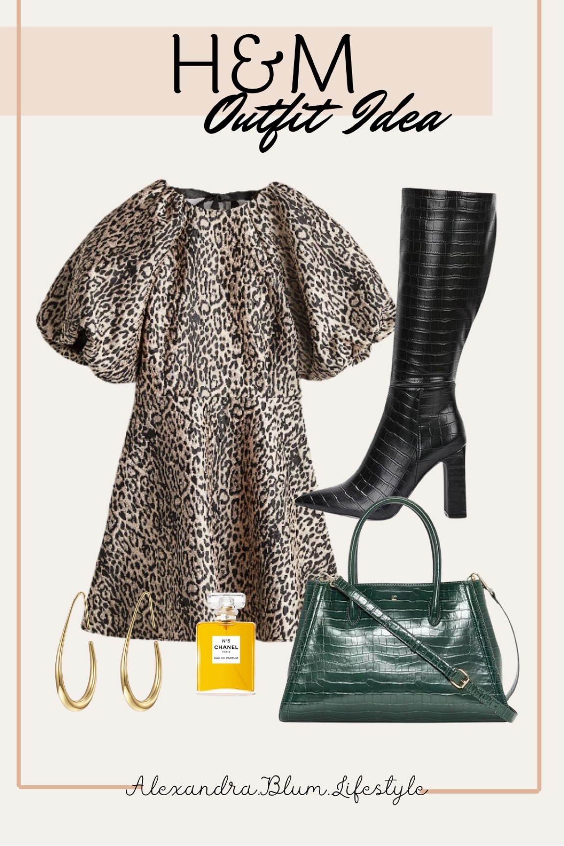 H&M fall outfit idea perfect for date night or office wear! This puff sleeve cheetah print dress is stunning and would even be great at a fall wedding guest dress! I styled this mini dress with black knee high snake skin boots, green snake skin handbag, channel perfume, and gold hoop earrings! 

#LTKFindsUnder50 #LTKParties #LTKWorkwear