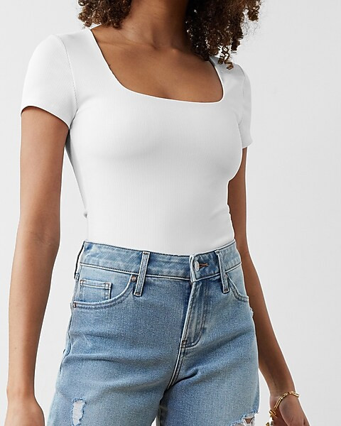 Body Contour Double Layer Ribbed Square Neck Thong Bodysuit | Express