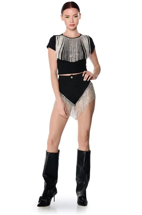 GONNA LOVE ME WATERFALL RHINESTONE DENIM SHORT IN BLACK | AKIRA