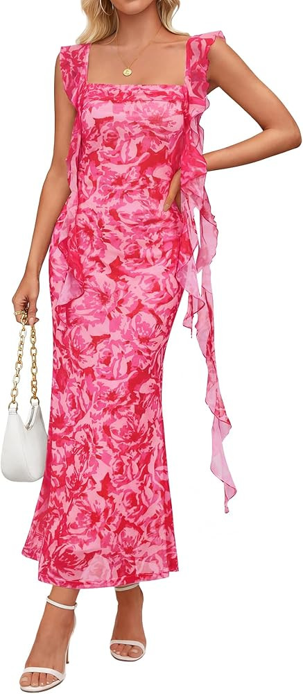 ZESICA Women's Summer Floral Maxi Dress 2026 Boho Sleeveless Square Neck Bodycon Mesh Wedding Gue... | Amazon (US)