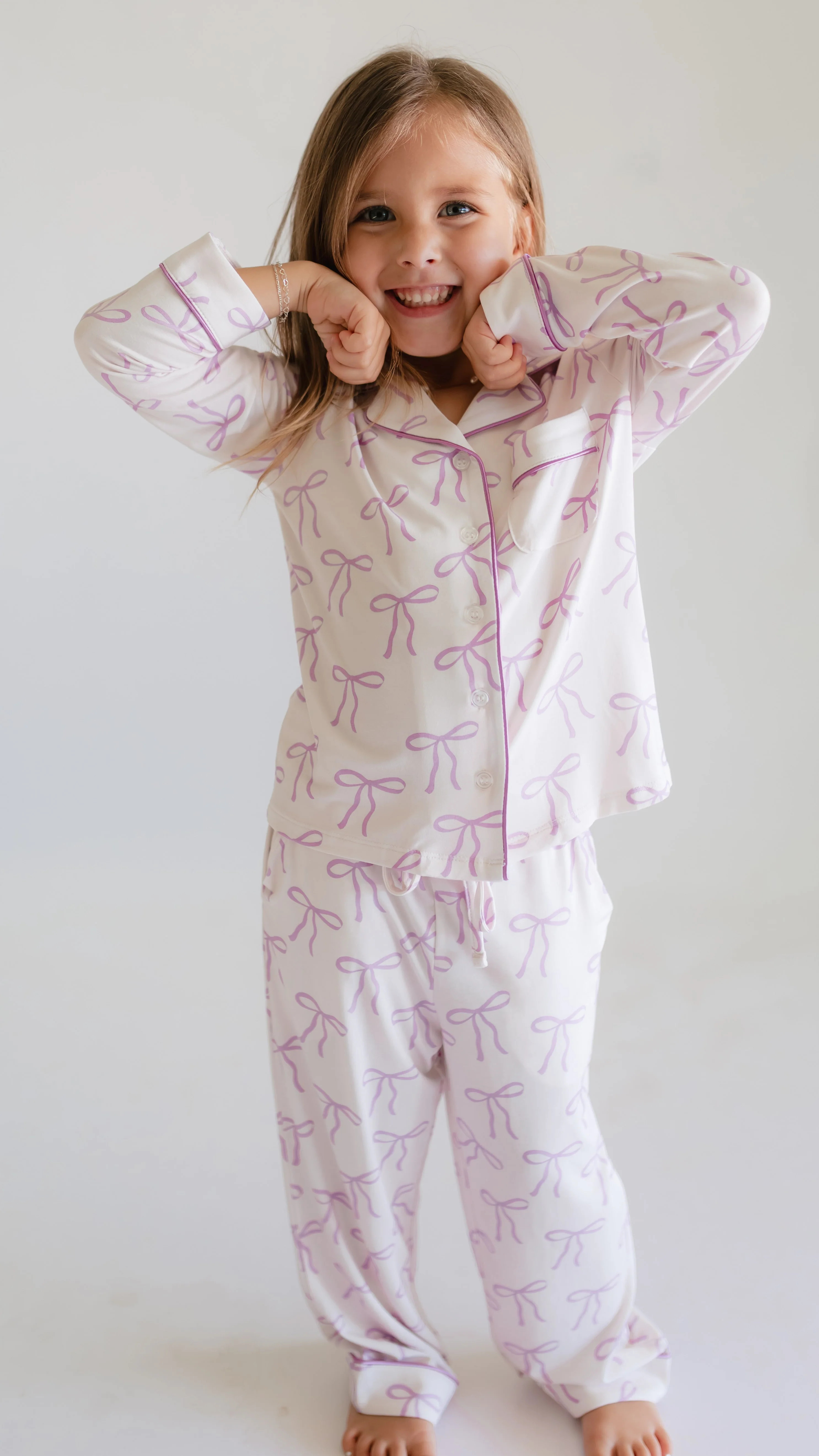 Girl's Button Up Set in Purple Bows | Silks Design