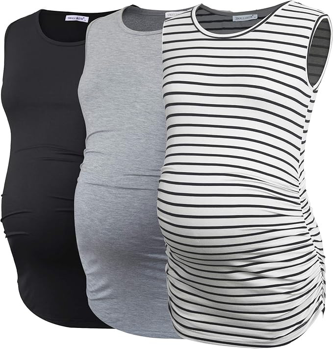 Smallshow Women's Maternity Tank Tops Sleeveless Ruched Pregnancy Clothes 3-Pack | Amazon (US)