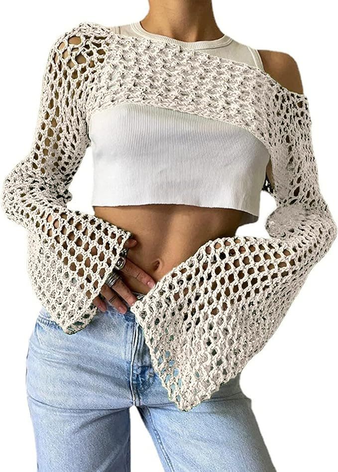 Women's Sexy Mesh Crochet Crop Top Hollow Out Beach Cover Ups See Through Long Sleeve Y2k Knit Sw... | Amazon (US)