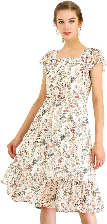 Allegra K Women's Midi Floral Chiffon Dress Flutter Sleeve Belted Square Neck Ruffled Dress | Amazon (US)