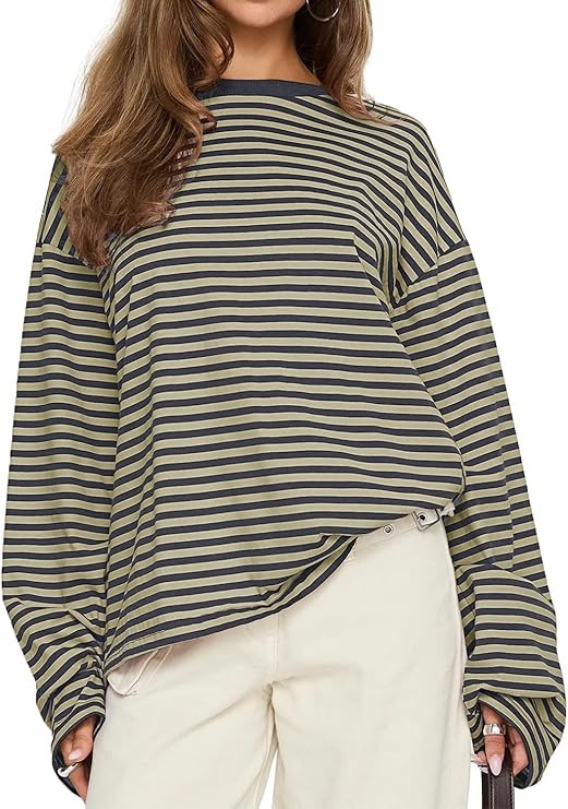 CHYRII Women Oversized Striped Long Sleeve T Shirt Fashion 2026 Crewneck Casual Fall Spring Tops ... | Amazon (US)