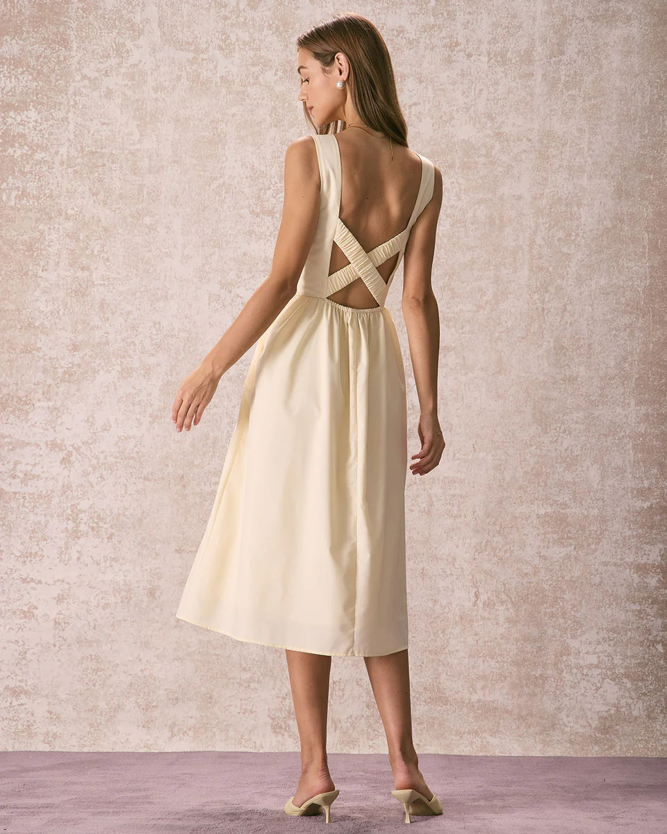 The Light Yellow Pleated Cross Back Midi Dress & Reviews - Light Yellow - Dresses | RIHOAS | rihoas.com